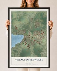 Map of the Village of Pewaukee, Wisconsin, 24 x 36 inch print in a black wood frame