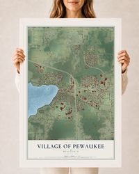 Map of the Village of Pewaukee, Wisconsin, 24 x 36 inch print in a white wood frame