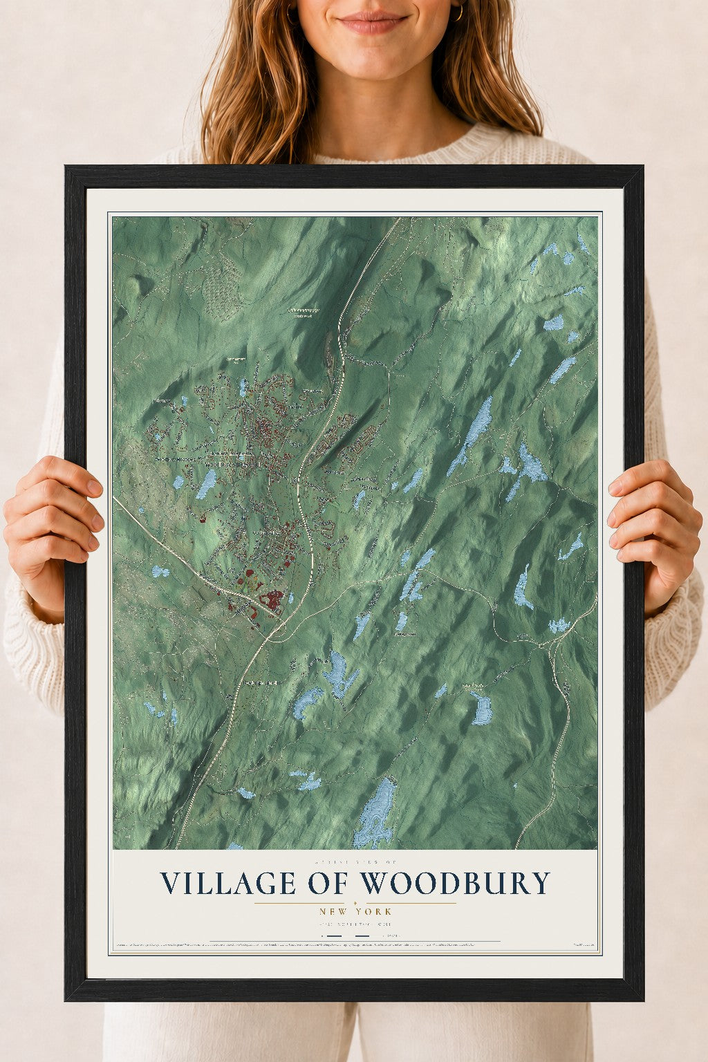 Map of the Village of Woodbury, New York, 18 x 24 inch print in a black wood frame