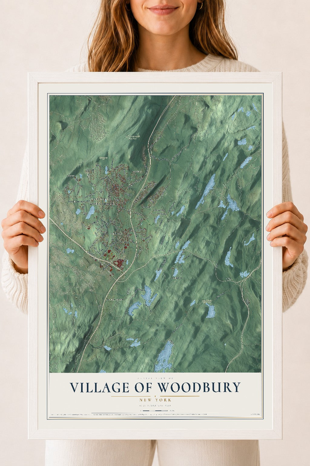 Map of the Village of Woodbury, New York, 18 x 24 inch print in a white wood frame