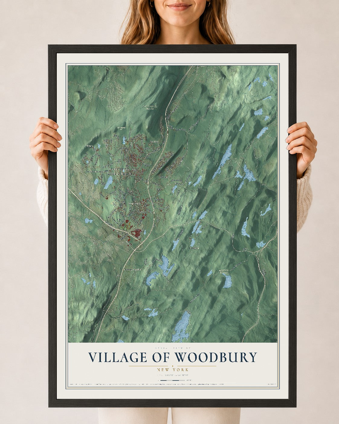 Map of the Village of Woodbury, New York, 24 x 36 inch print in a black wood frame