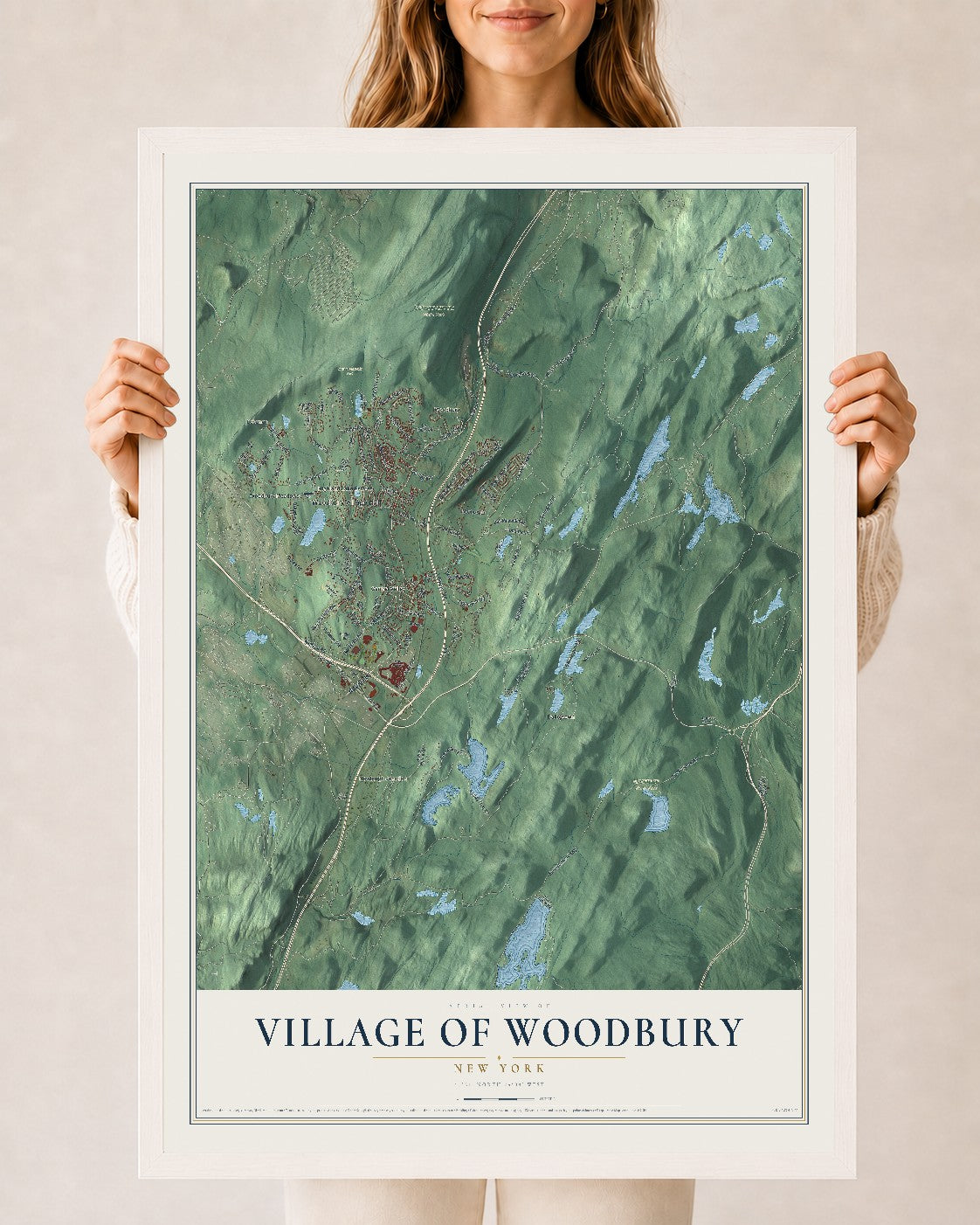 Map of the Village of Woodbury, New York, 24 x 36 inch print in a white wood frame