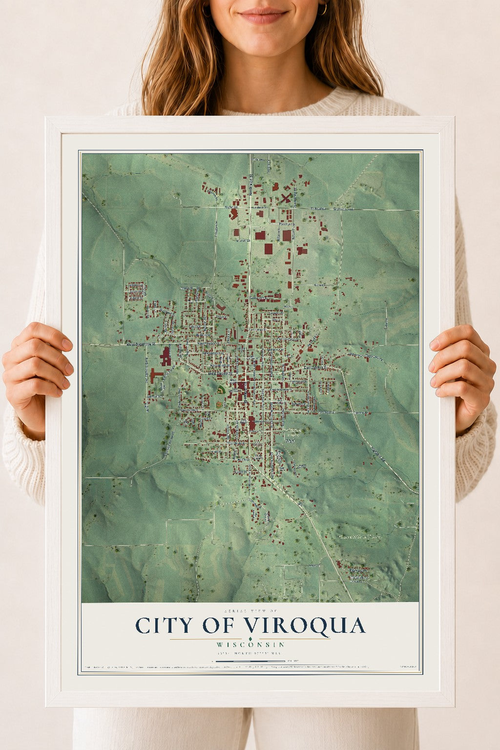 Map of Viroqua, Wisconsin, 18 x 24 inch print in a white wood frame