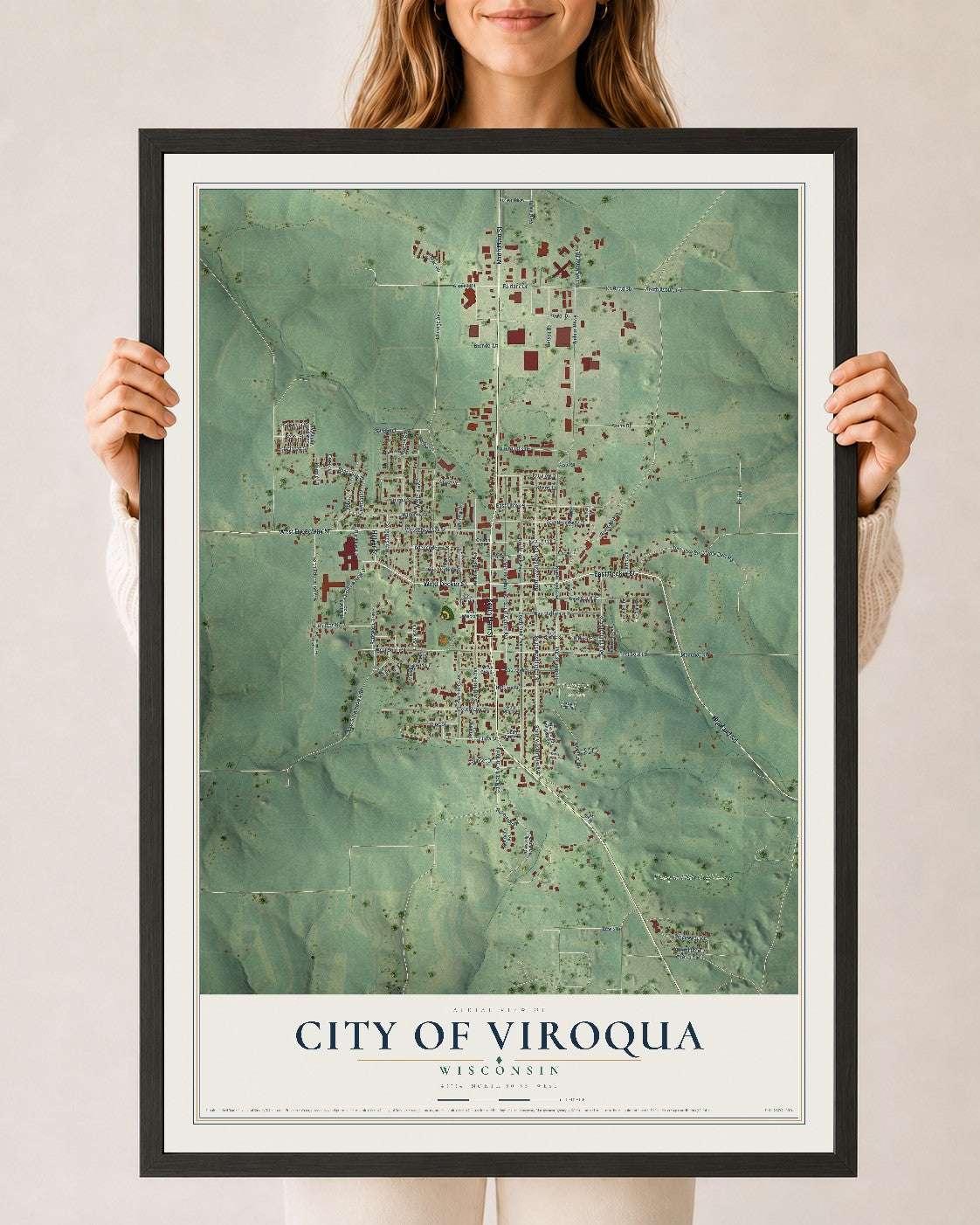 Map of Viroqua, Wisconsin, 24 x 36 inch print in a black wood frame