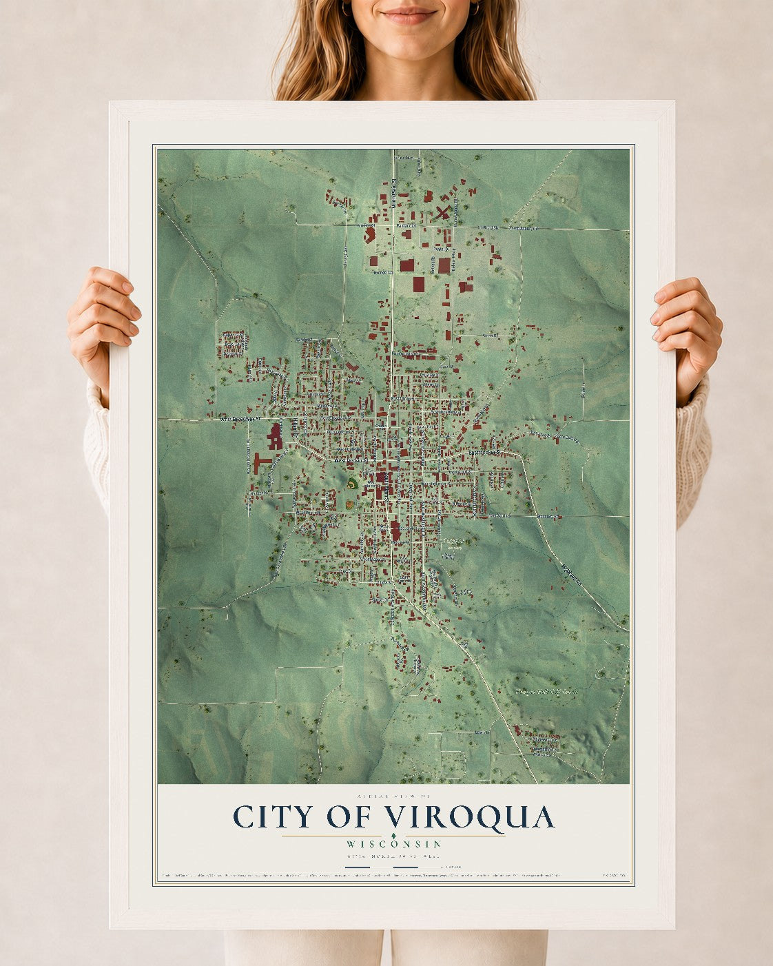 Map of Viroqua, Wisconsin, 24 x 36 inch print in a white wood frame
