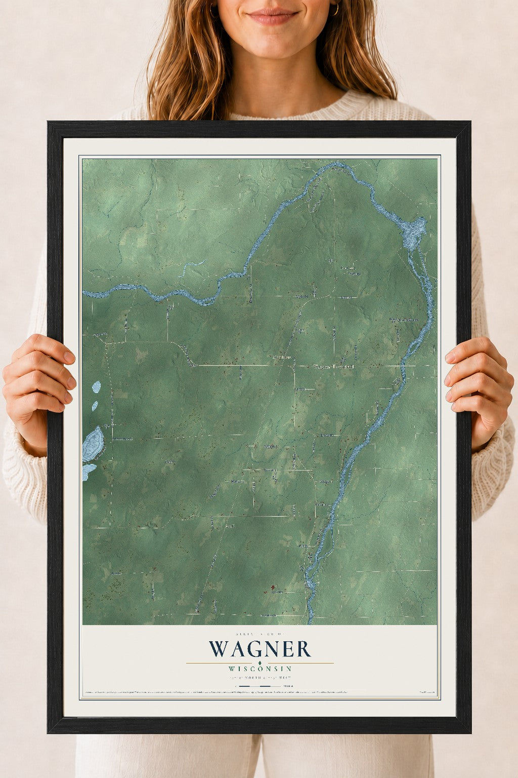 Map of Wagner, Wisconsin, 18 x 24 inch print in a black wood frame
