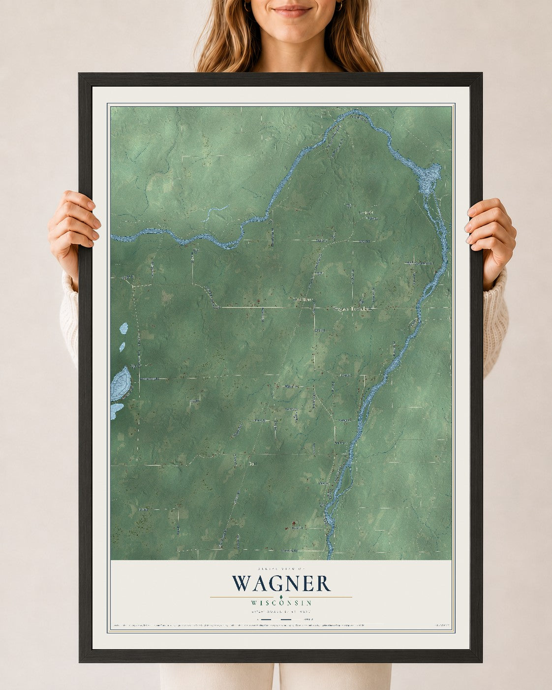 Map of Wagner, Wisconsin, 24 x 36 inch print in a black wood frame