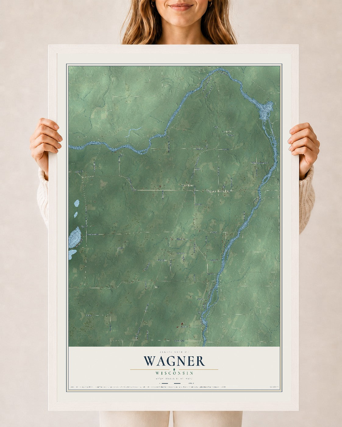 Map of Wagner, Wisconsin, 24 x 36 inch print in a white wood frame