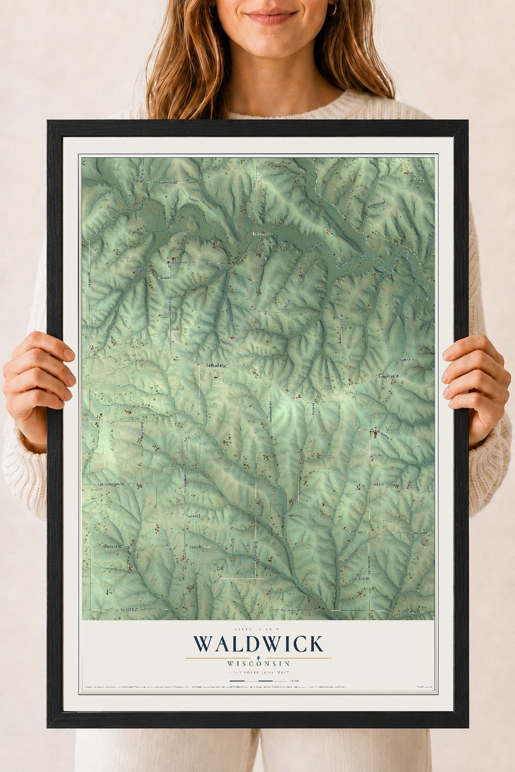 Map of Waldwick, Wisconsin, 18 x 24 inch print in a black wood frame