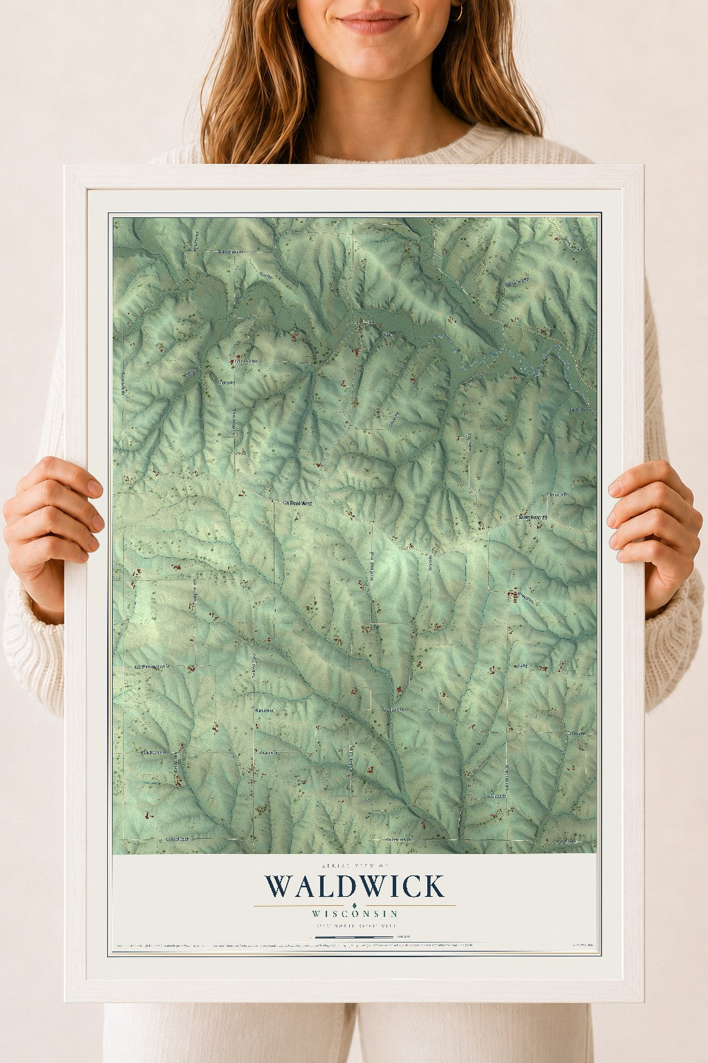 Map of Waldwick, Wisconsin, 18 x 24 inch print in a white wood frame