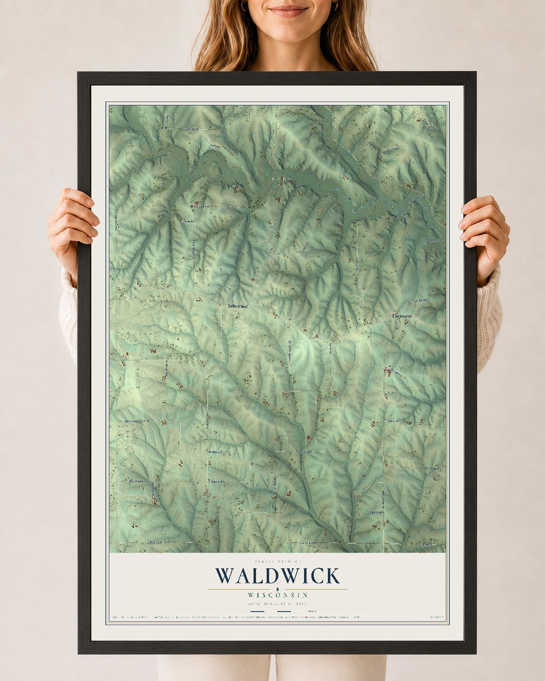 Map of Waldwick, Wisconsin, 24 x 36 inch print in a black wood frame