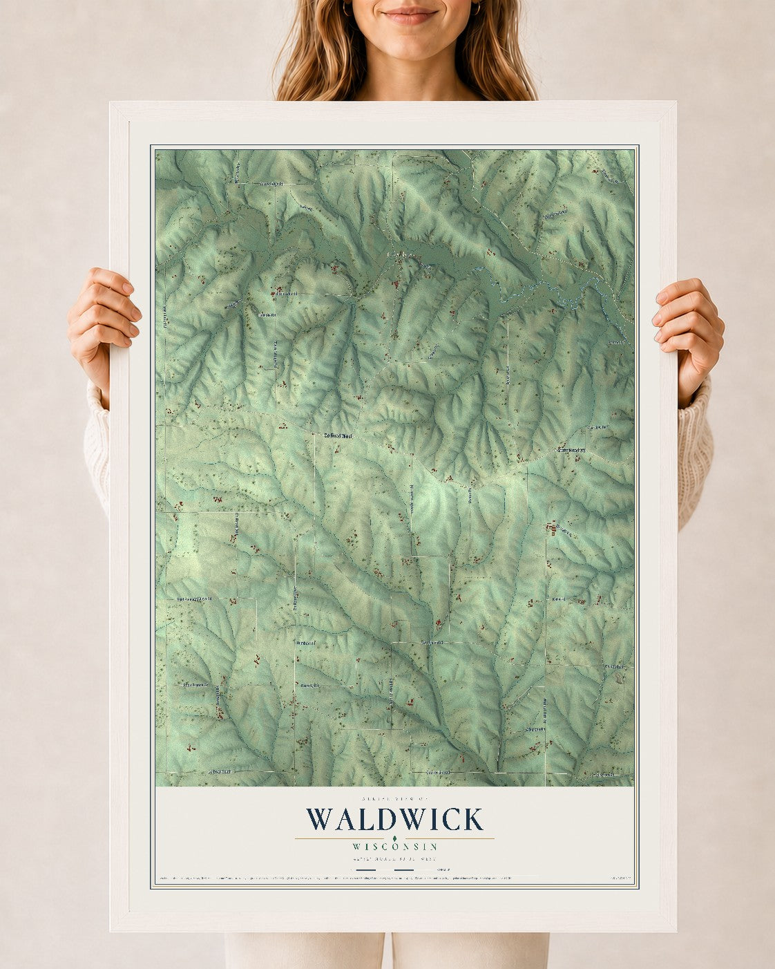 Map of Waldwick, Wisconsin, 24 x 36 inch print in a white wood frame