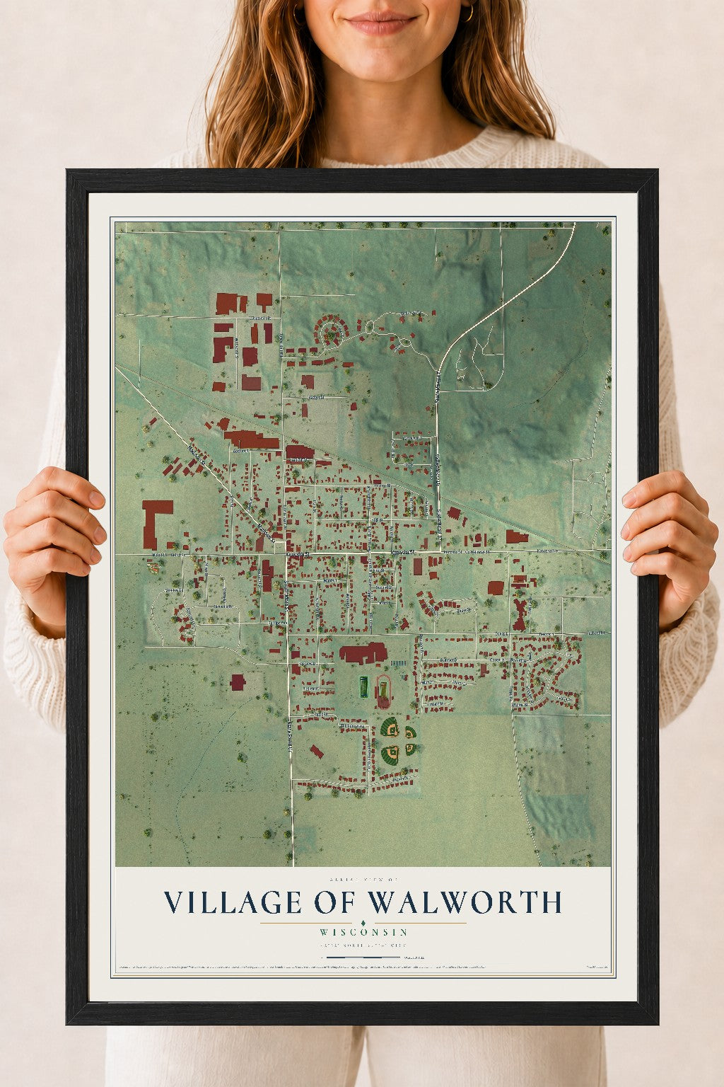 Map of Walworth, Wisconsin, 18 x 24 inch print in a black wood frame