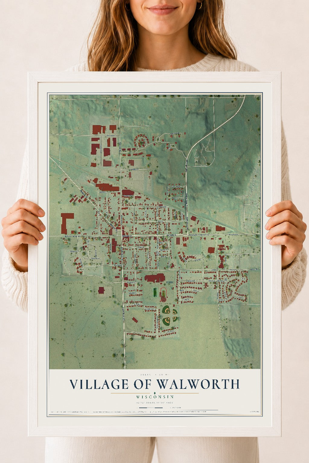 Map of Walworth, Wisconsin, 18 x 24 inch print in a white wood frame