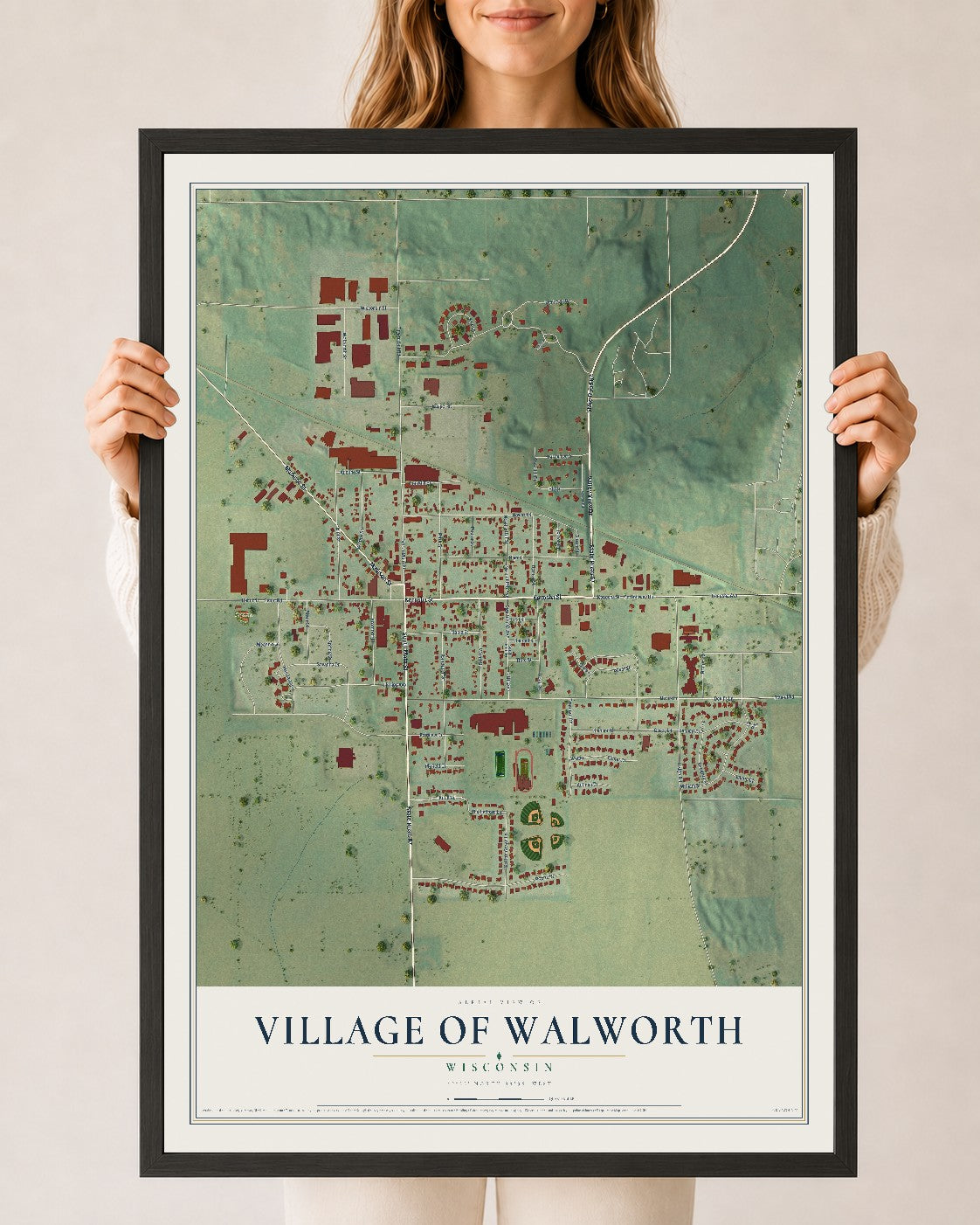 Map of Walworth, Wisconsin, 24 x 36 inch print in a black wood frame