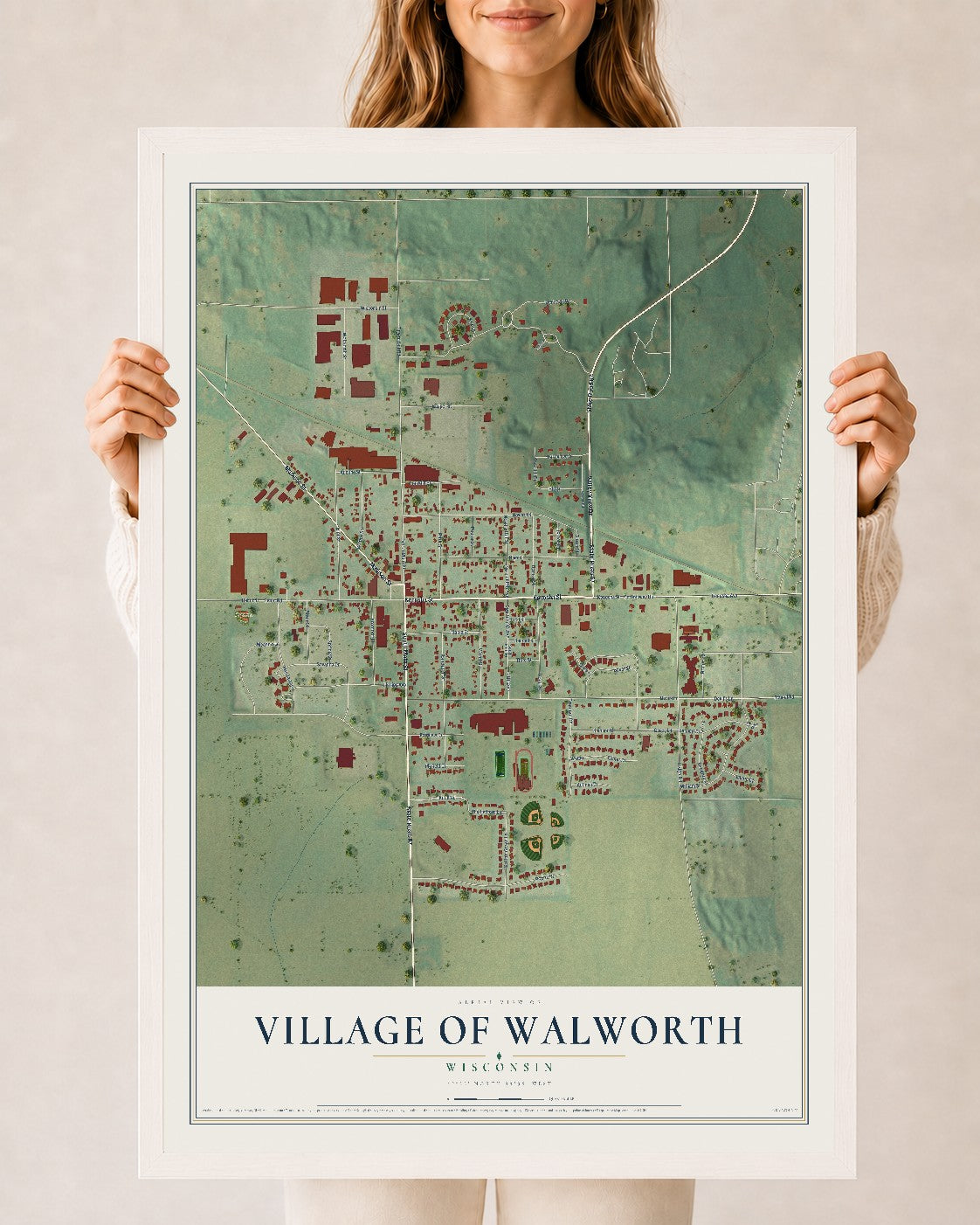 Map of Walworth, Wisconsin, 24 x 36 inch print in a white wood frame