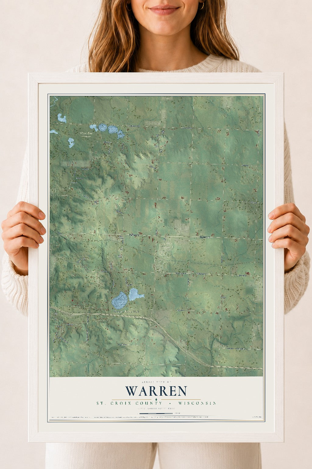 Map of Warren, St. Croix County, Wisconsin, 18 x 24 inch print in a white wood frame
