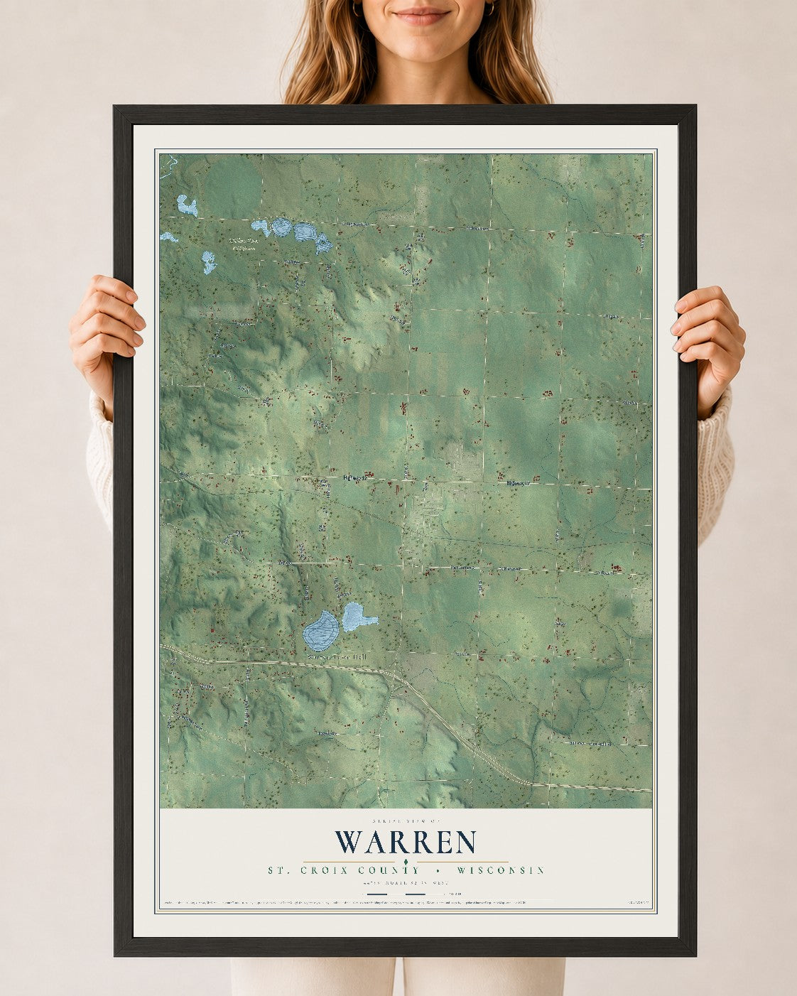 Map of Warren, St. Croix County, Wisconsin, 24 x 36 inch print in a black wood frame