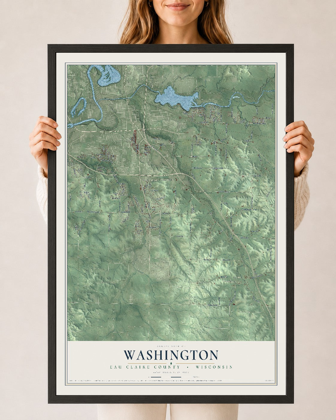 Map of Washington, Eau Claire County, Wisconsin, 24 x 36 inch print in a black wood frame