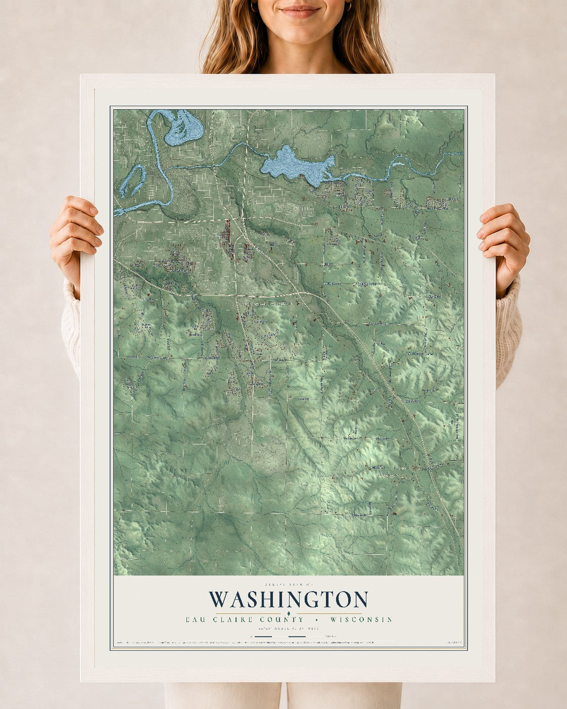 Map of Washington, Eau Claire County, Wisconsin, 24 x 36 inch print in a white wood frame