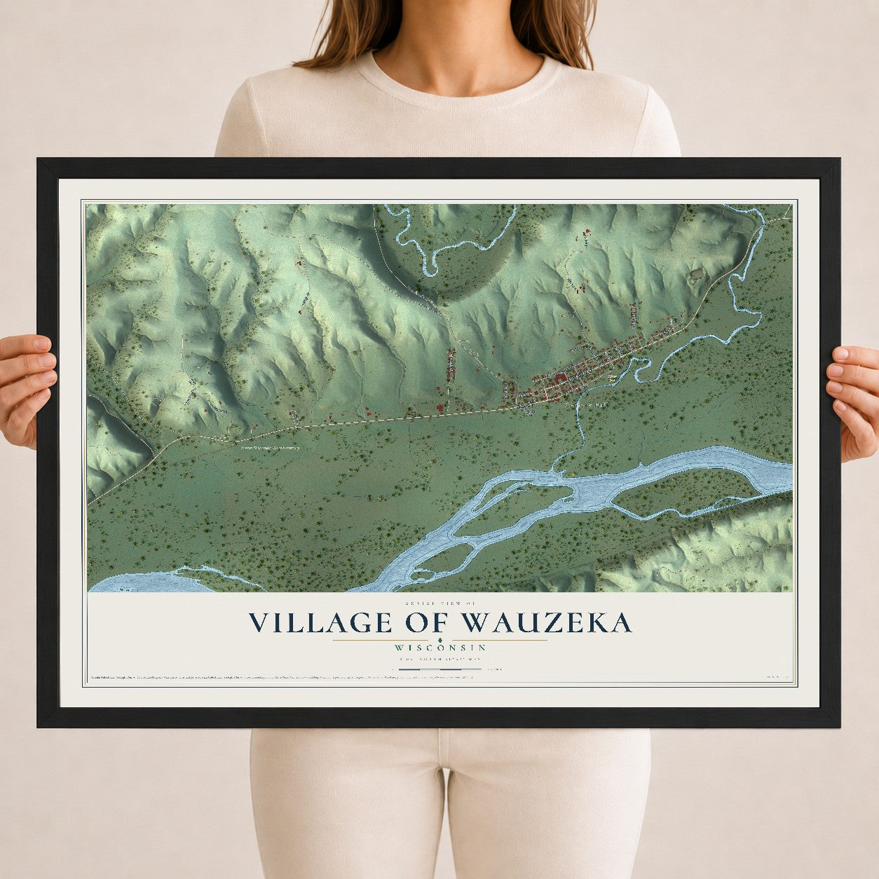 Map of Wauzeka, Wisconsin, 18 x 24 inch print in a black wood frame