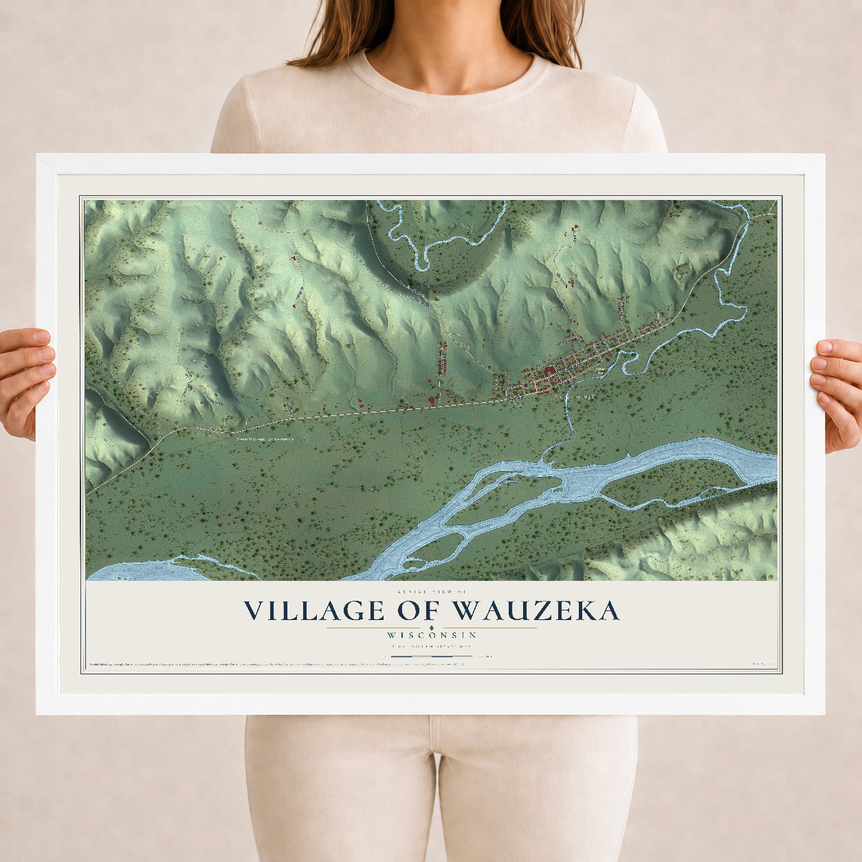 Map of Wauzeka, Wisconsin, 18 x 24 inch print in a white wood frame