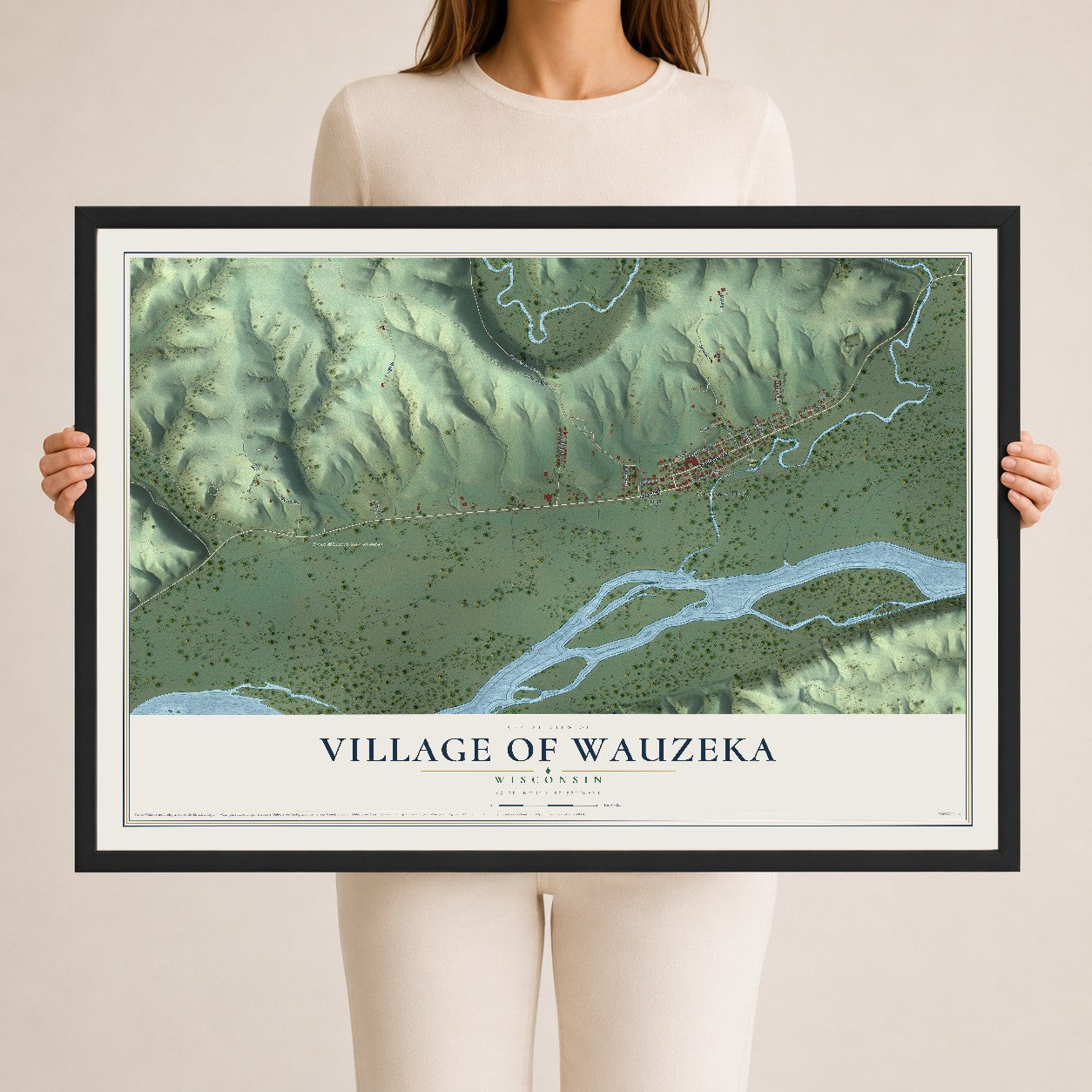 Map of Wauzeka, Wisconsin, 24 x 36 inch print in a black wood frame