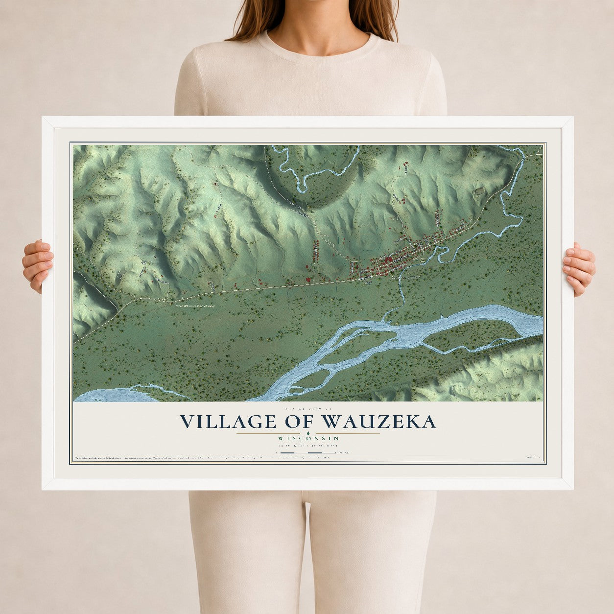 Map of Wauzeka, Wisconsin, 24 x 36 inch print in a white wood frame