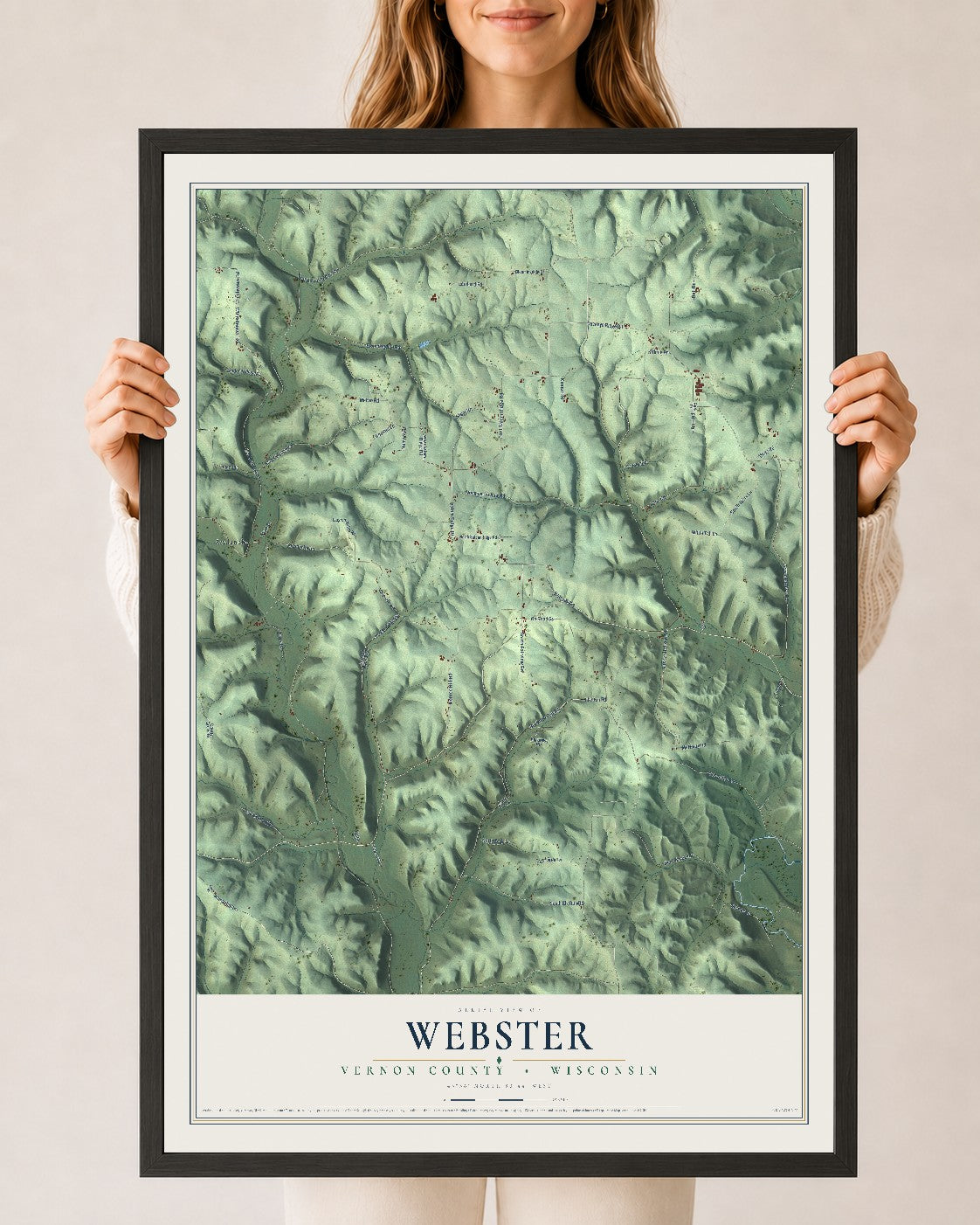 Map of Webster, Vernon County, Wisconsin, 24 x 36 inch print in a black wood frame