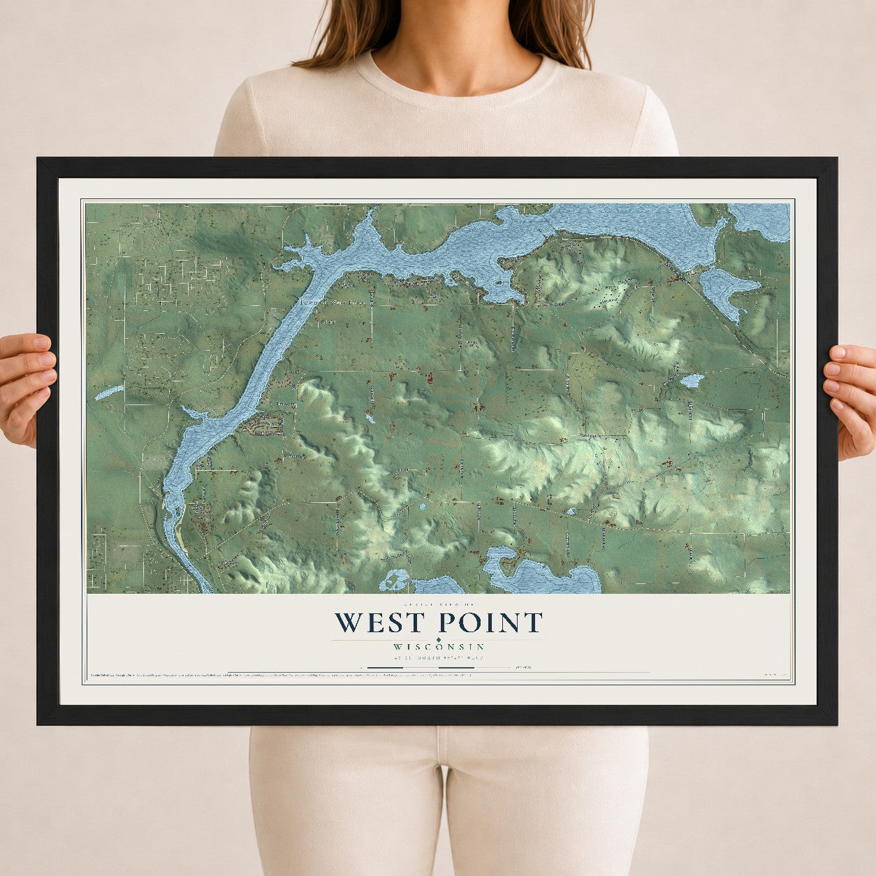 Map of West Point, Wisconsin, 18 x 24 inch print in a black wood frame