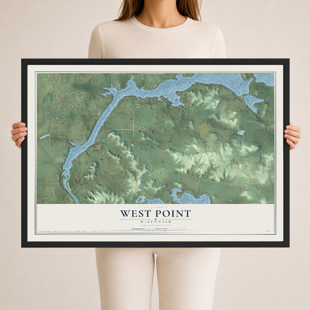 Map of West Point, Wisconsin, 24 x 36 inch print in a black wood frame