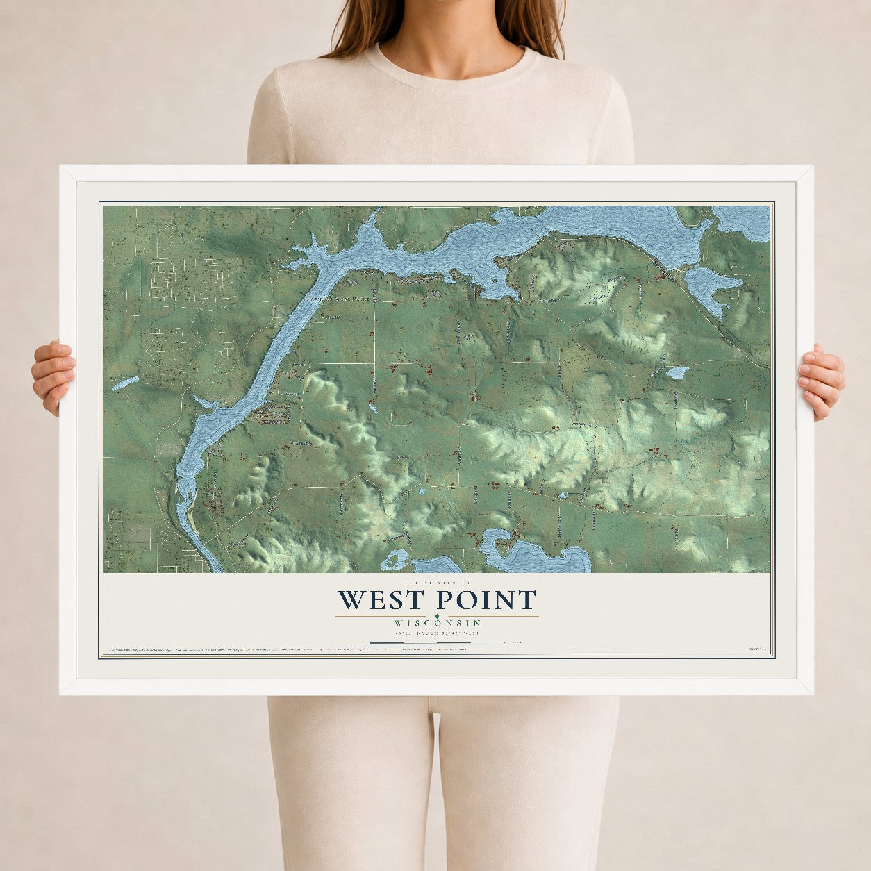 Map of West Point, Wisconsin, 24 x 36 inch print in a white wood frame