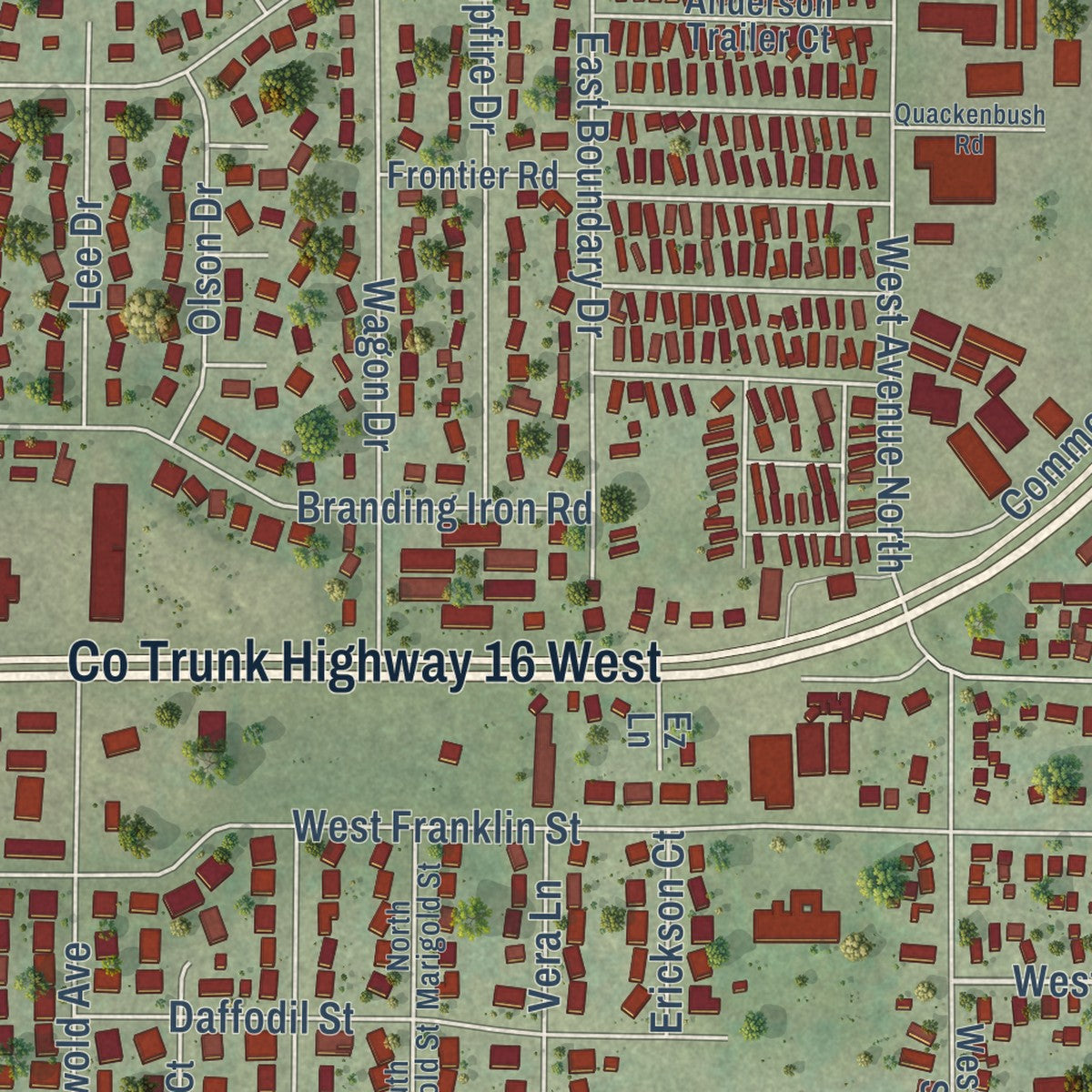 Close-up of the map of West Salem, Wisconsin print showing street and building detail