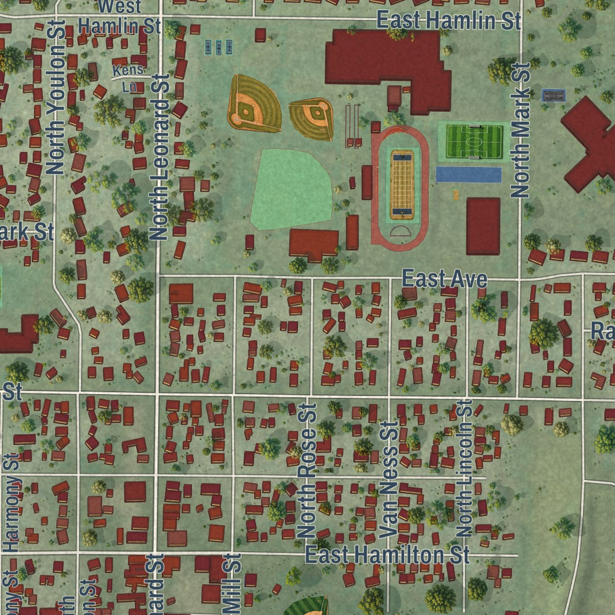Second close-up of the map of West Salem, Wisconsin print showing more streets and buildings