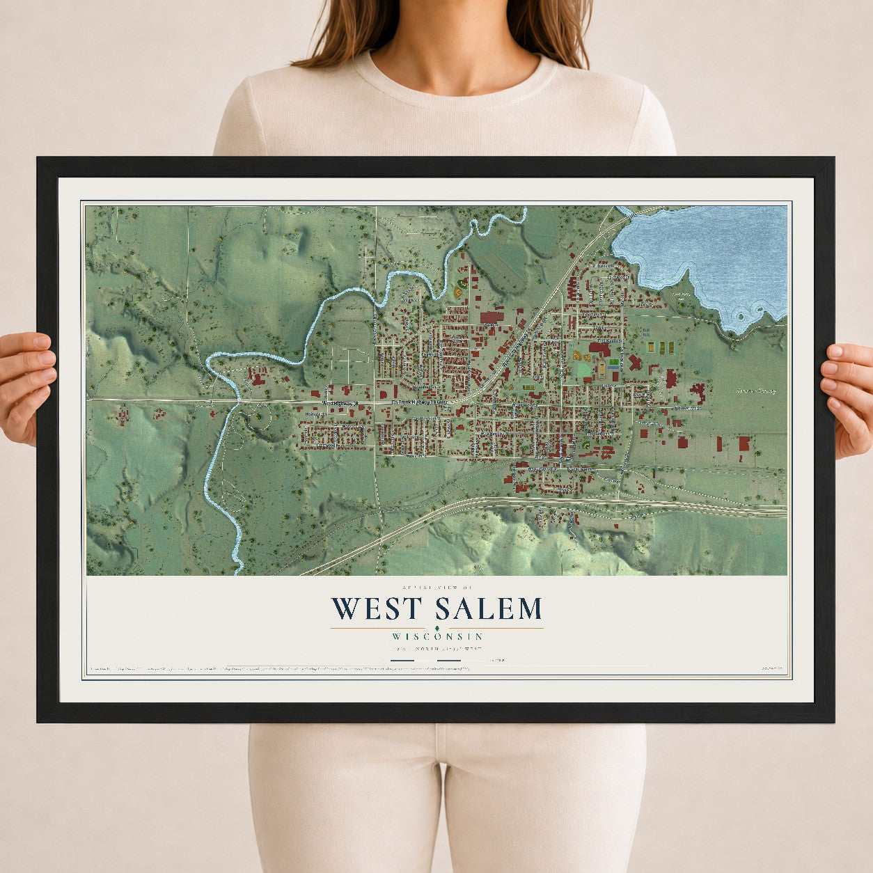 Map of West Salem, Wisconsin, 18 x 24 inch print in a black wood frame