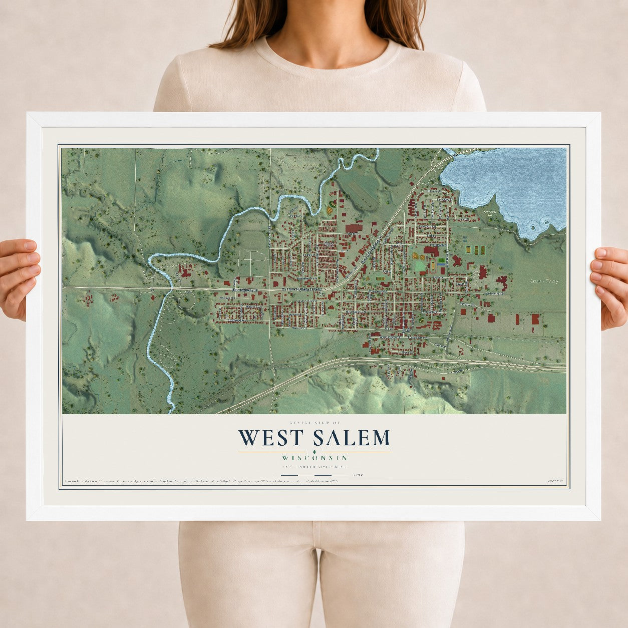 Map of West Salem, Wisconsin, 18 x 24 inch print in a white wood frame