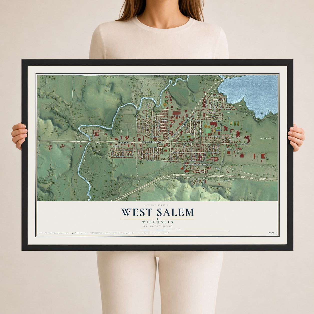 Map of West Salem, Wisconsin, 24 x 36 inch print in a black wood frame