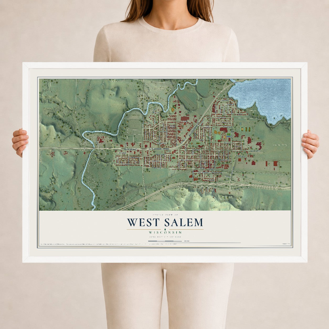 Map of West Salem, Wisconsin, 24 x 36 inch print in a white wood frame