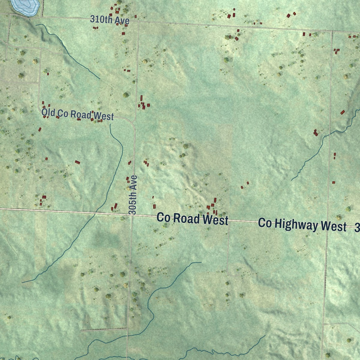 Second close-up of the map of West Sweden, Wisconsin print showing more streets and buildings