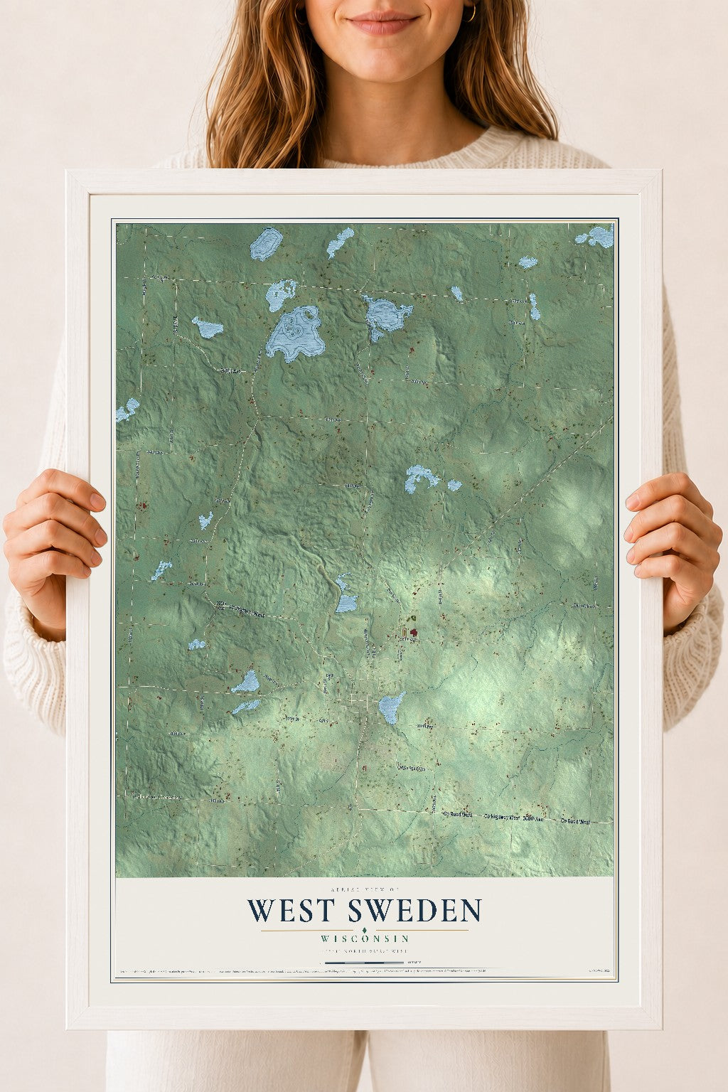 Map of West Sweden, Wisconsin, 18 x 24 inch print in a white wood frame