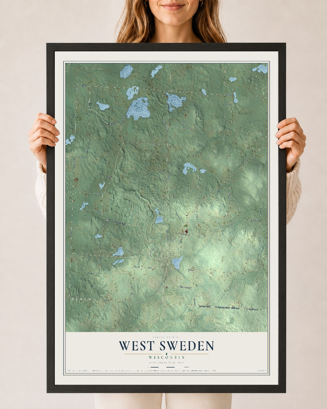 Map of West Sweden, Wisconsin, 24 x 36 inch print in a black wood frame
