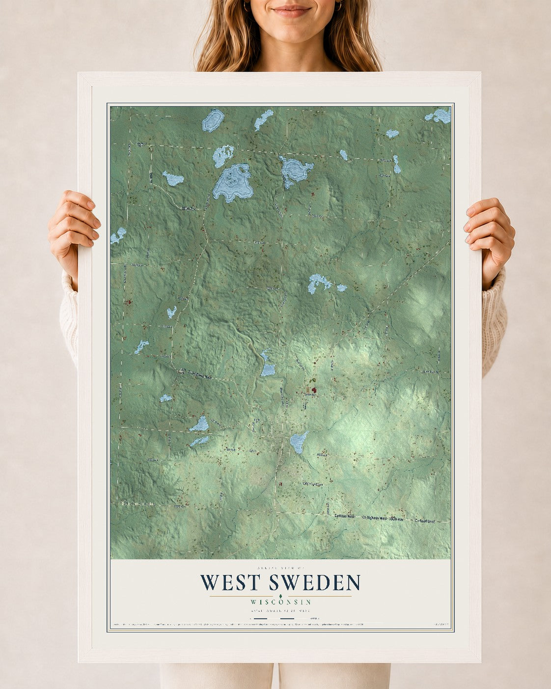 Map of West Sweden, Wisconsin, 24 x 36 inch print in a white wood frame