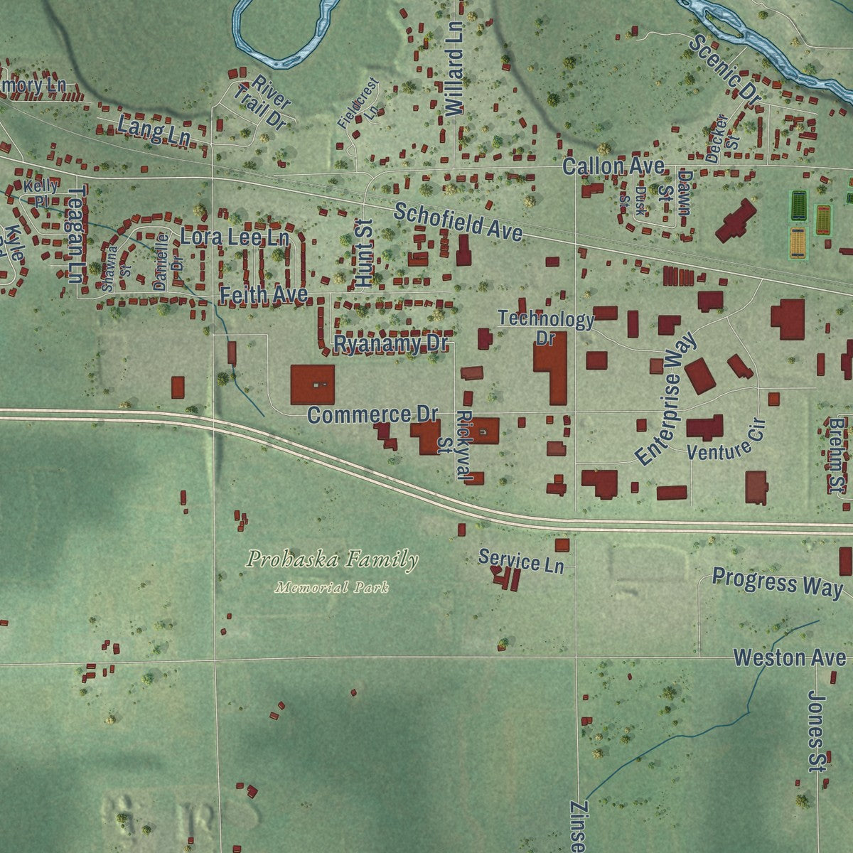 Second close-up of the map of Weston, Wisconsin print showing more streets and buildings