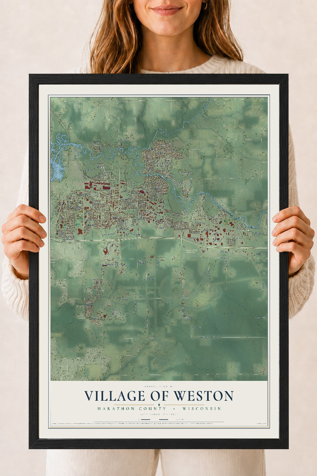 Map of Weston, Wisconsin, 18 x 24 inch print in a black wood frame