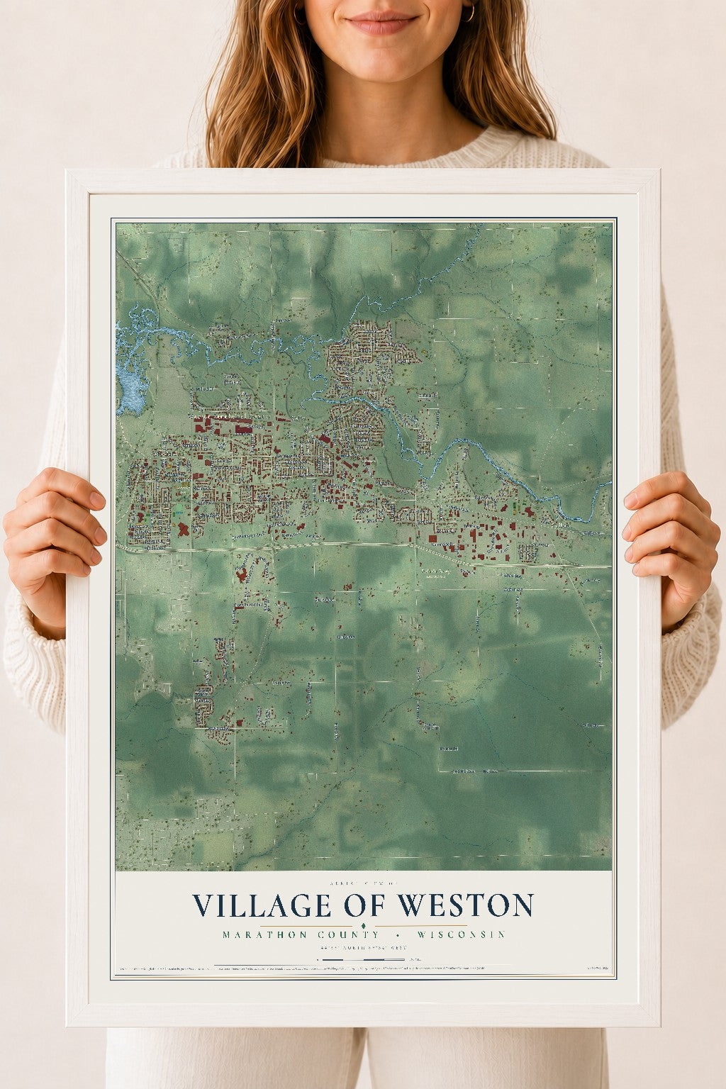 Map of Weston, Wisconsin, 18 x 24 inch print in a white wood frame