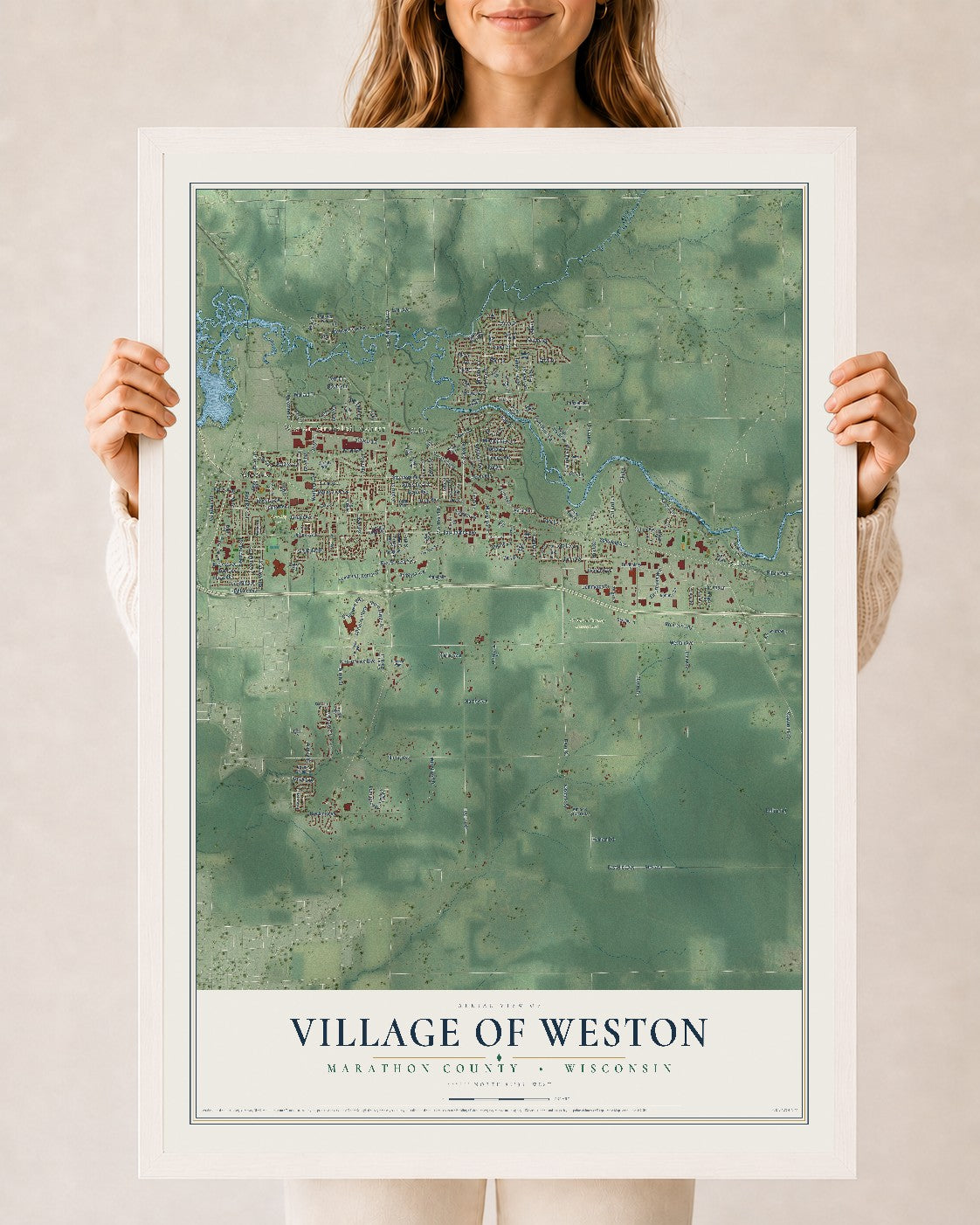 Map of Weston, Wisconsin, 24 x 36 inch print in a white wood frame