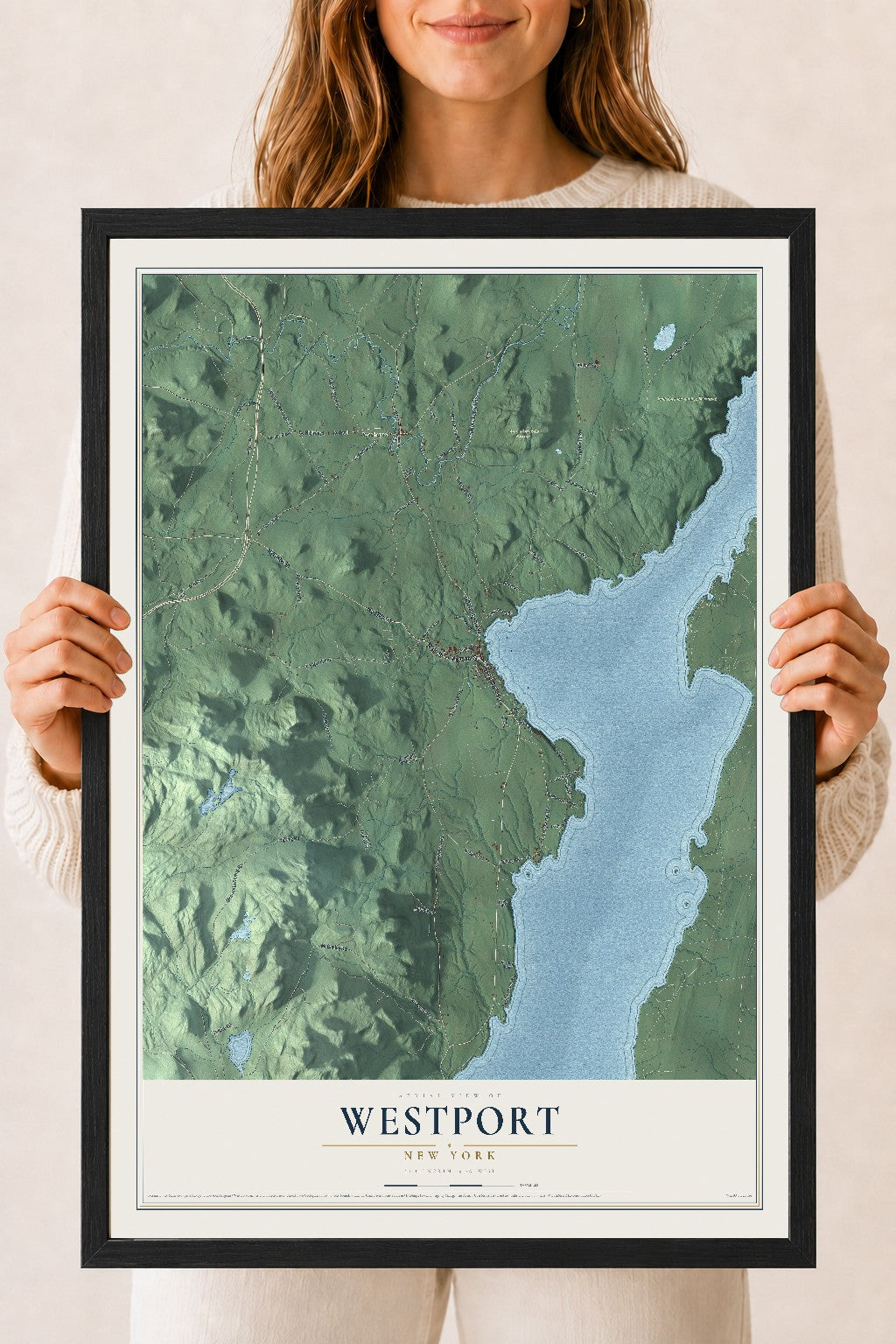 Map of Westport, New York, 18 x 24 inch print in a black wood frame