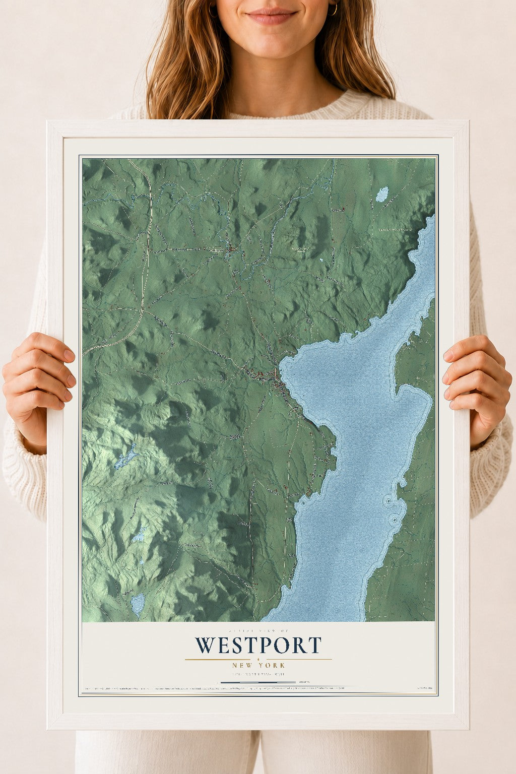 Map of Westport, New York, 18 x 24 inch print in a white wood frame