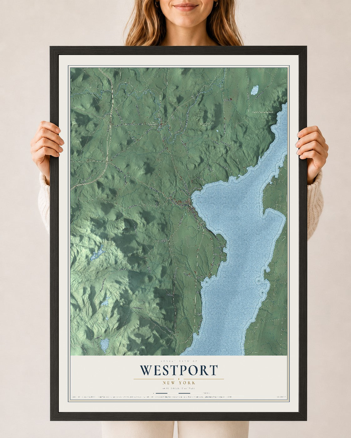 Map of Westport, New York, 24 x 36 inch print in a black wood frame
