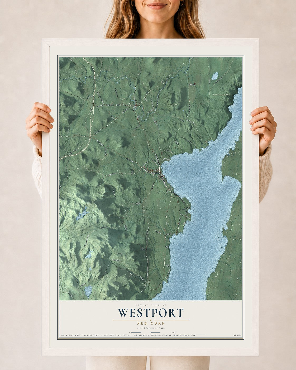 Map of Westport, New York, 24 x 36 inch print in a white wood frame